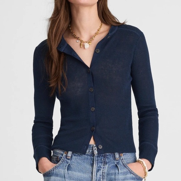 Madewell Sweaters - Madewell Cardigan Women S Navy Blue Linen Blend Ribbed Button Front Slim Fit